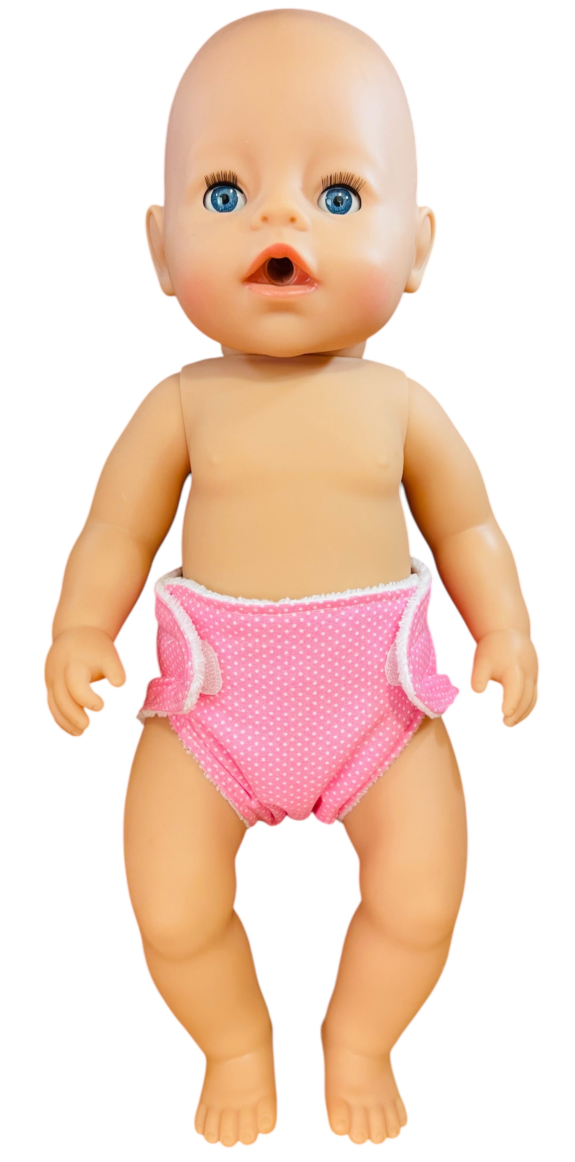 Sweet Dotty Pink Baby Doll Nappy with Velcro. Suits 43cm doll (as shown)