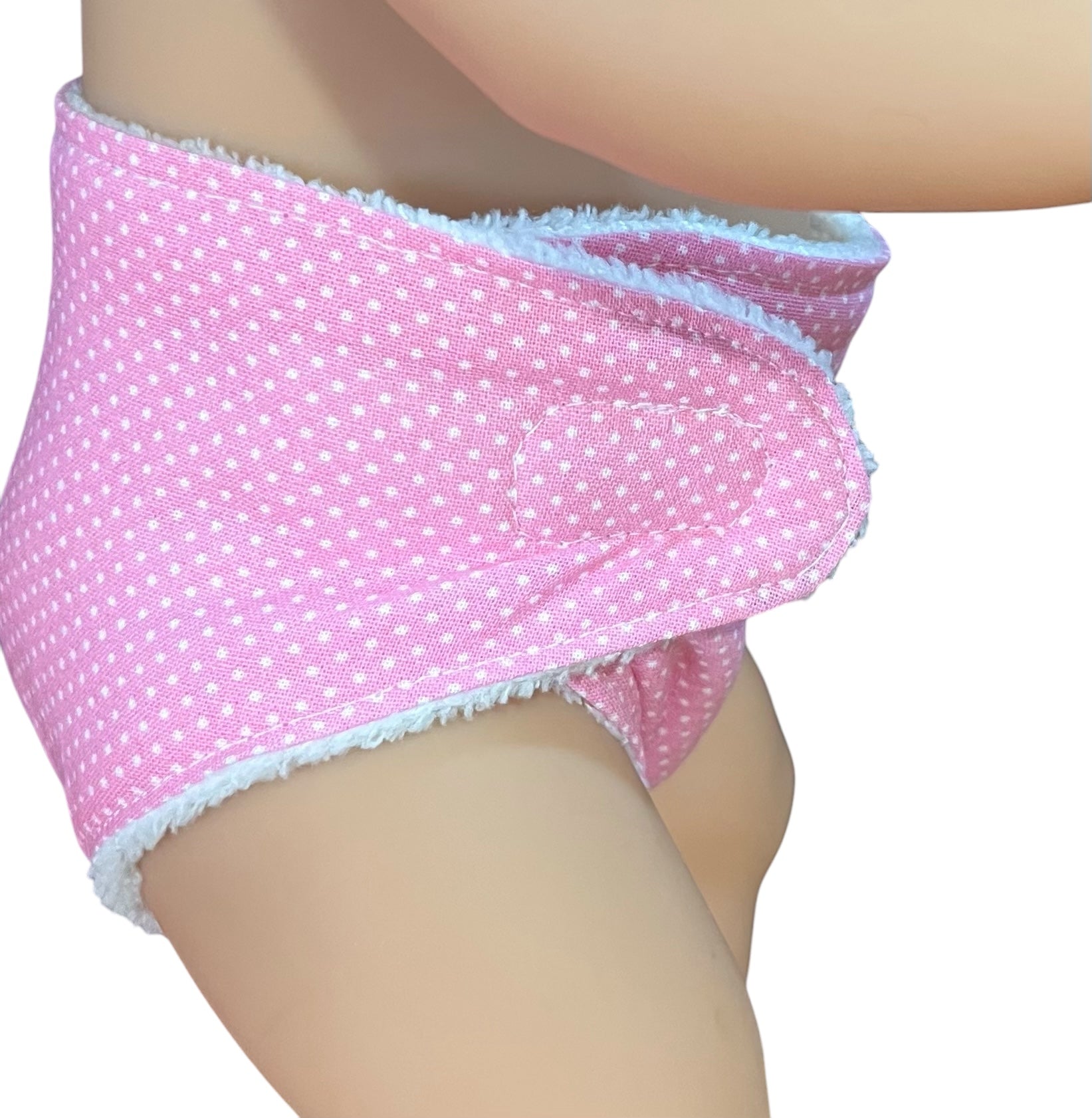 Sweet Dotty Pink Baby Doll Nappy with Velcro. Suits 43cm doll (as shown)