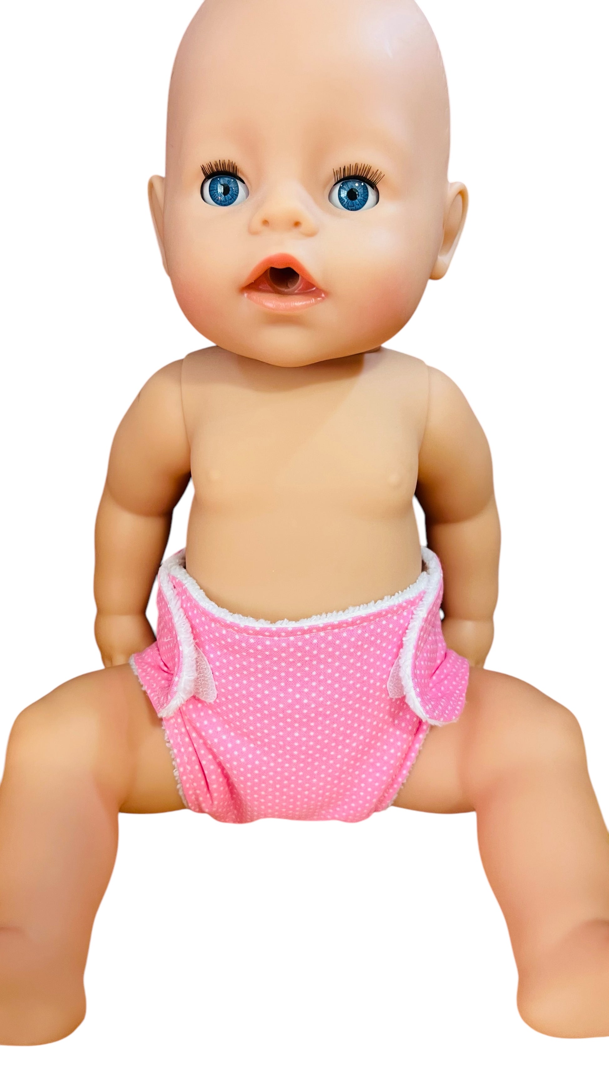Sweet Dotty Pink Baby Doll Nappy with Velcro. Suits 43cm doll (as shown)