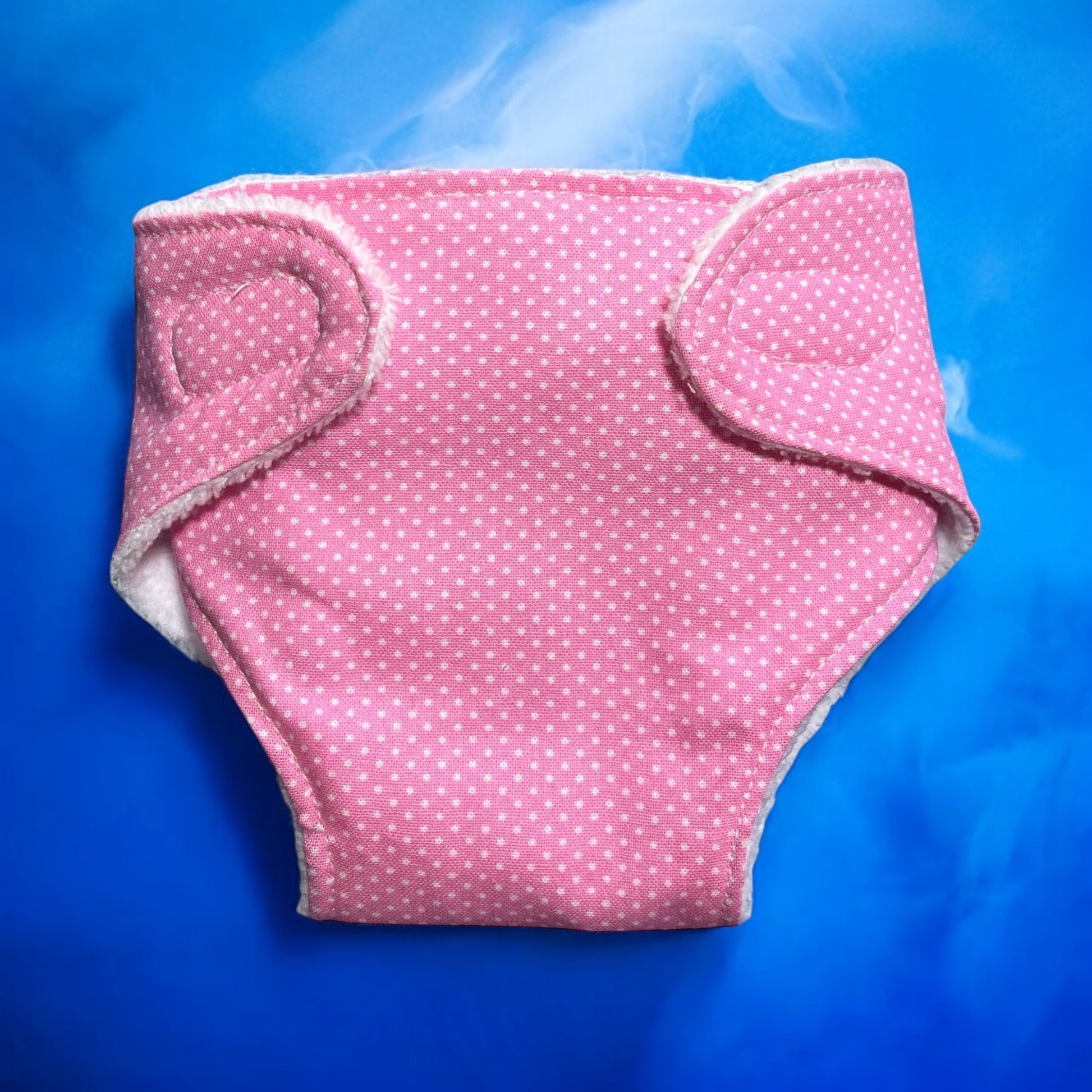Sweet Dotty Pink Baby Doll Nappy with Velcro. Suits 43cm doll (as shown)