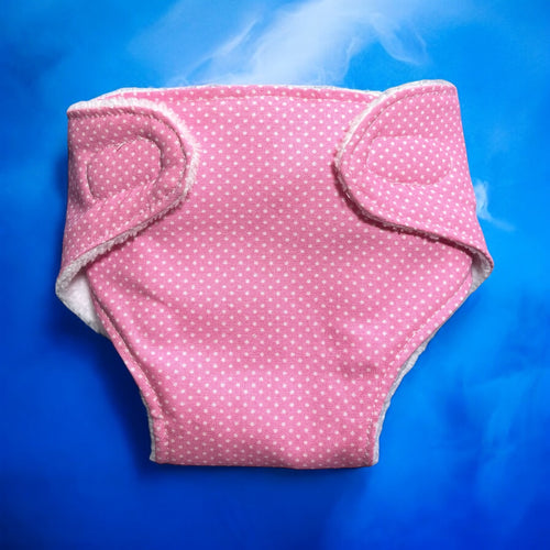 Sweet Dotty Pink Baby Doll Nappy with Velcro. Suits 43cm doll (as shown)