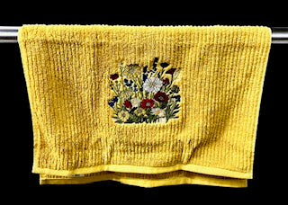 Embroidered Wildflower Ochre Hand Towel. 100% Cotton.  Kitchen Towel. Bathroom Towel