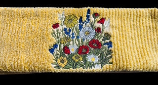 Embroidered Wildflower Ochre Hand Towel. 100% Cotton.  Kitchen Towel. Bathroom Towel