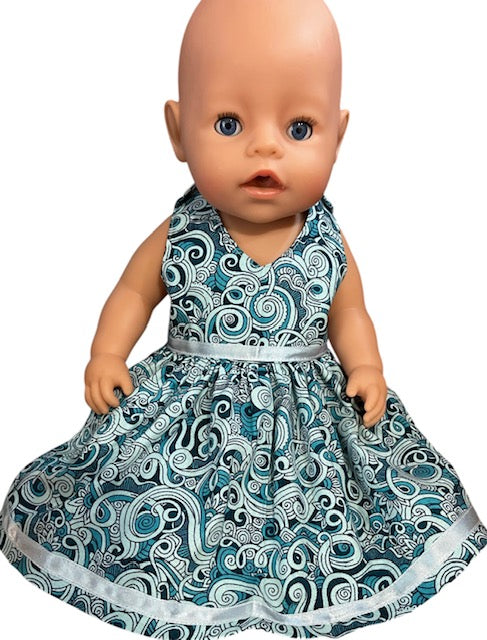Baby Blue Swirls dolls dress. Fits 43cm doll (as shown)