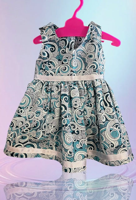 Baby Blue Swirls dolls dress. Fits 43cm doll (as shown)