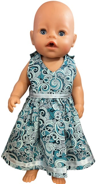 Baby Blue Swirls dolls dress. Fits 43cm doll (as shown)