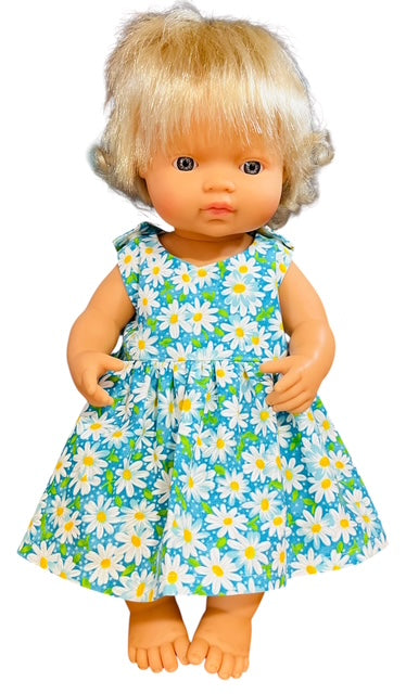 Daisy Patch Blue Doll Dress. Fits 38cm MiniLands Doll (as shown).
