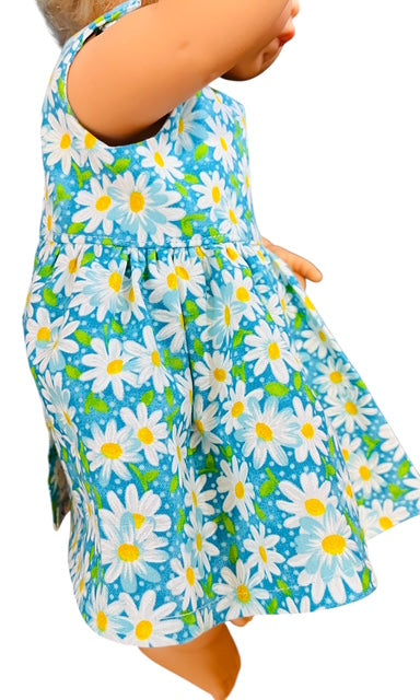 Daisy Patch Blue Doll Dress. Fits 38cm MiniLands Doll (as shown).