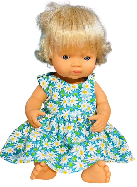 Daisy Patch Blue Doll Dress. Fits 38cm MiniLands Doll (as shown).