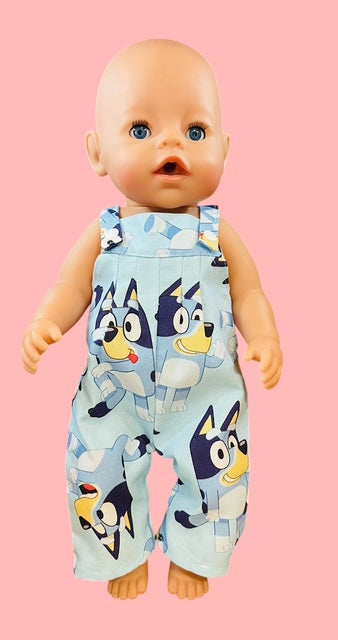Bluey Overalls. Fits 43cm Baby Born doll (as shown)