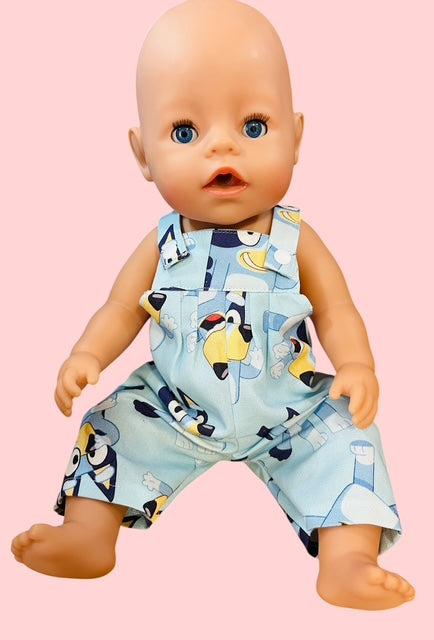 Bluey Overalls. Fits 43cm Baby Born doll (as shown)