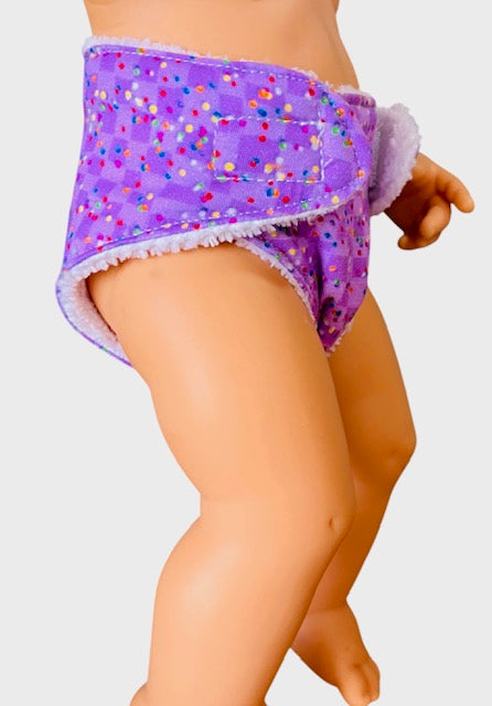 Confetti Purple Doll nappy. Fits 38cm Minilands Doll (as shown).