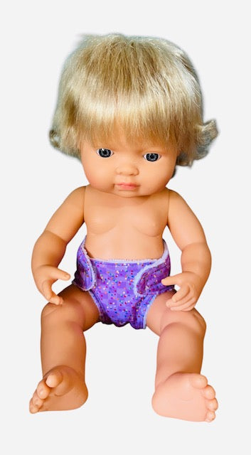 Confetti Purple Doll nappy. Fits 38cm Minilands Doll (as shown).