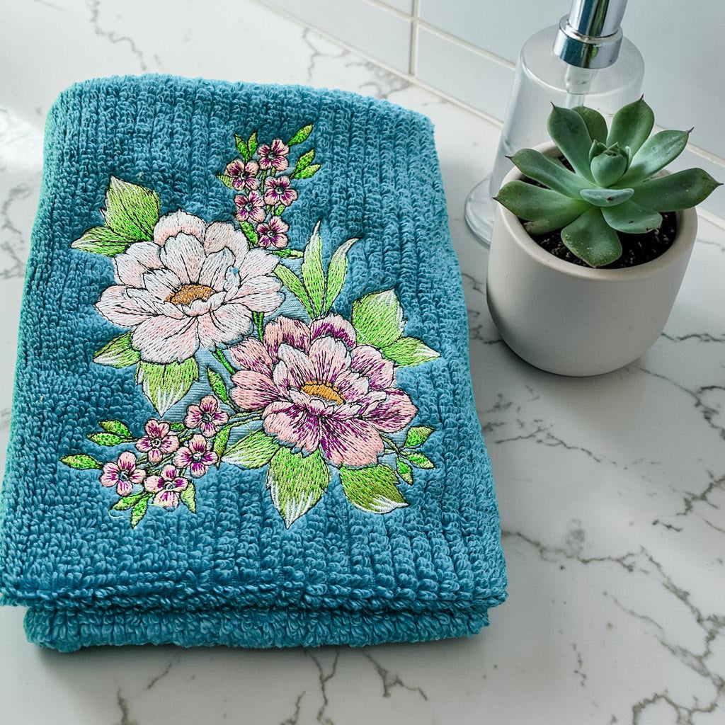 Chic Flowers Embroidered Hand Towel.  Bathroom hand towel. Kitchen Hand Towel