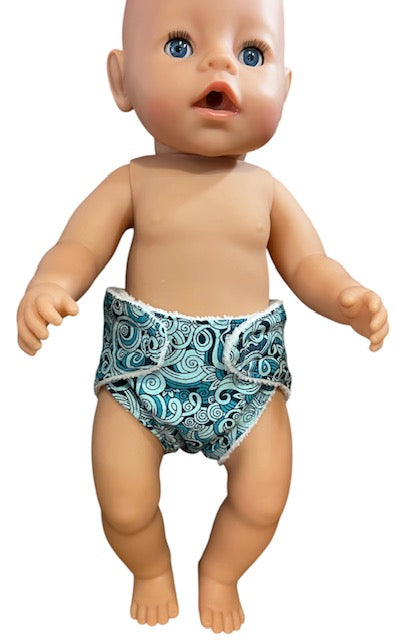 Baby Blue Swirl Doll Nappy. Fits 43cm doll (as shown)
